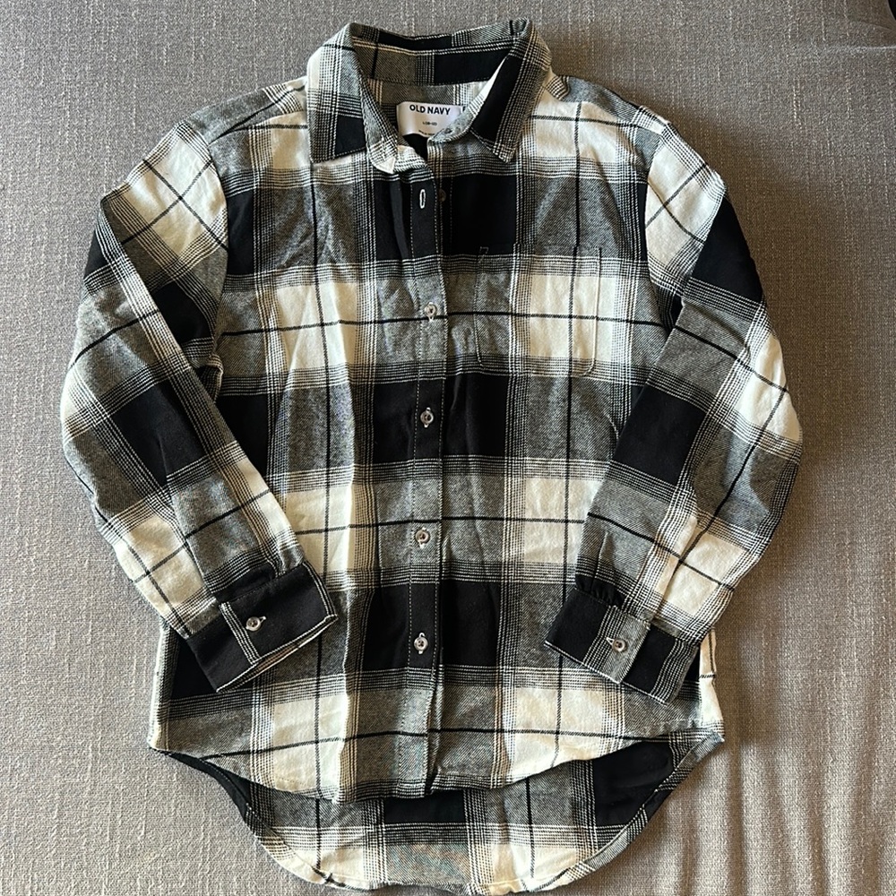 NEW Old Navy Girls Black and White Plaid Flannel Button Down Size L